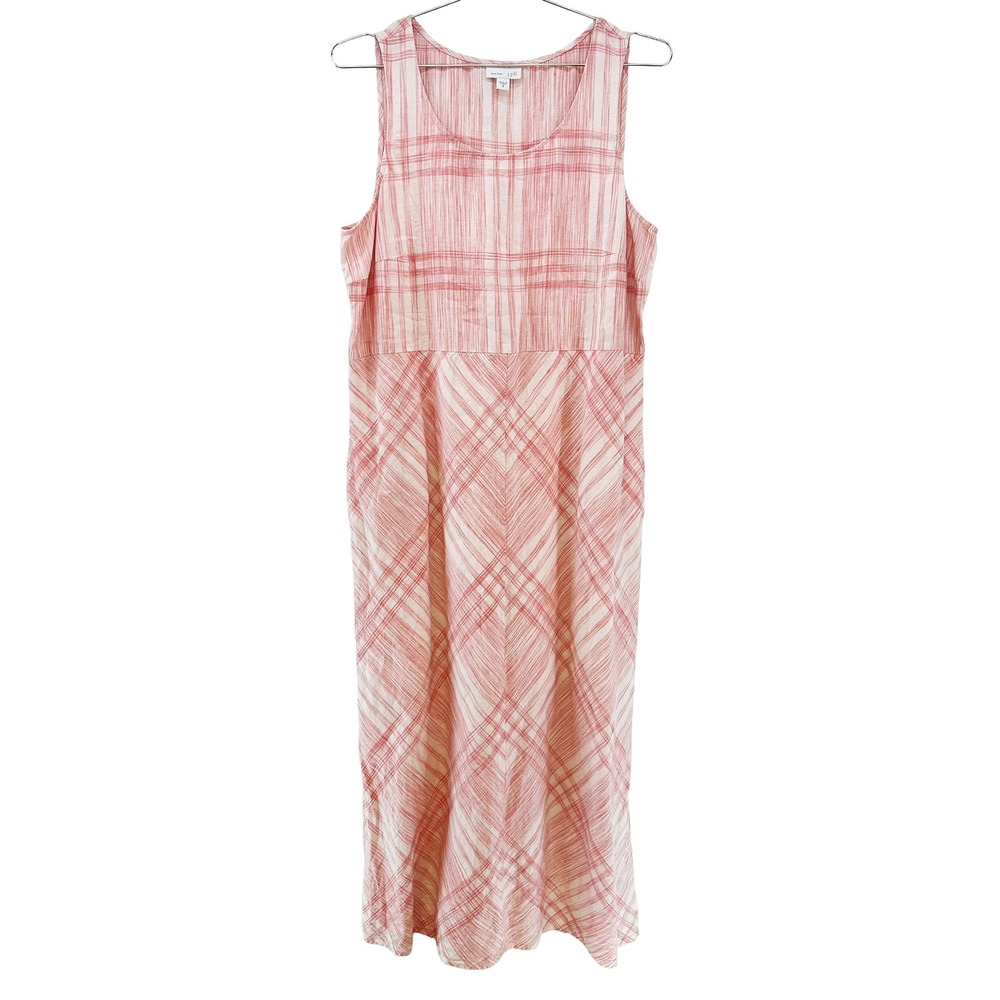 J. JILL 100% Linen Plaid Tank Maxi Dress • Medium • pink white • boho coastal